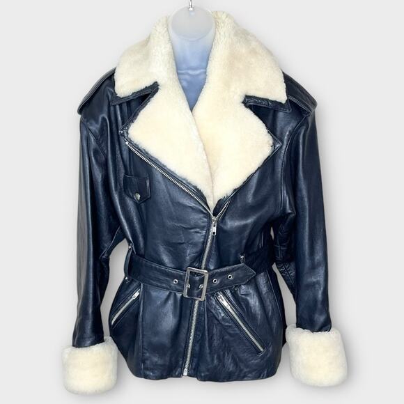CUIR DU MONDE Black Leather and Sherpa Coat Jacket (moto style) Size Medium - Picture 2 of 8